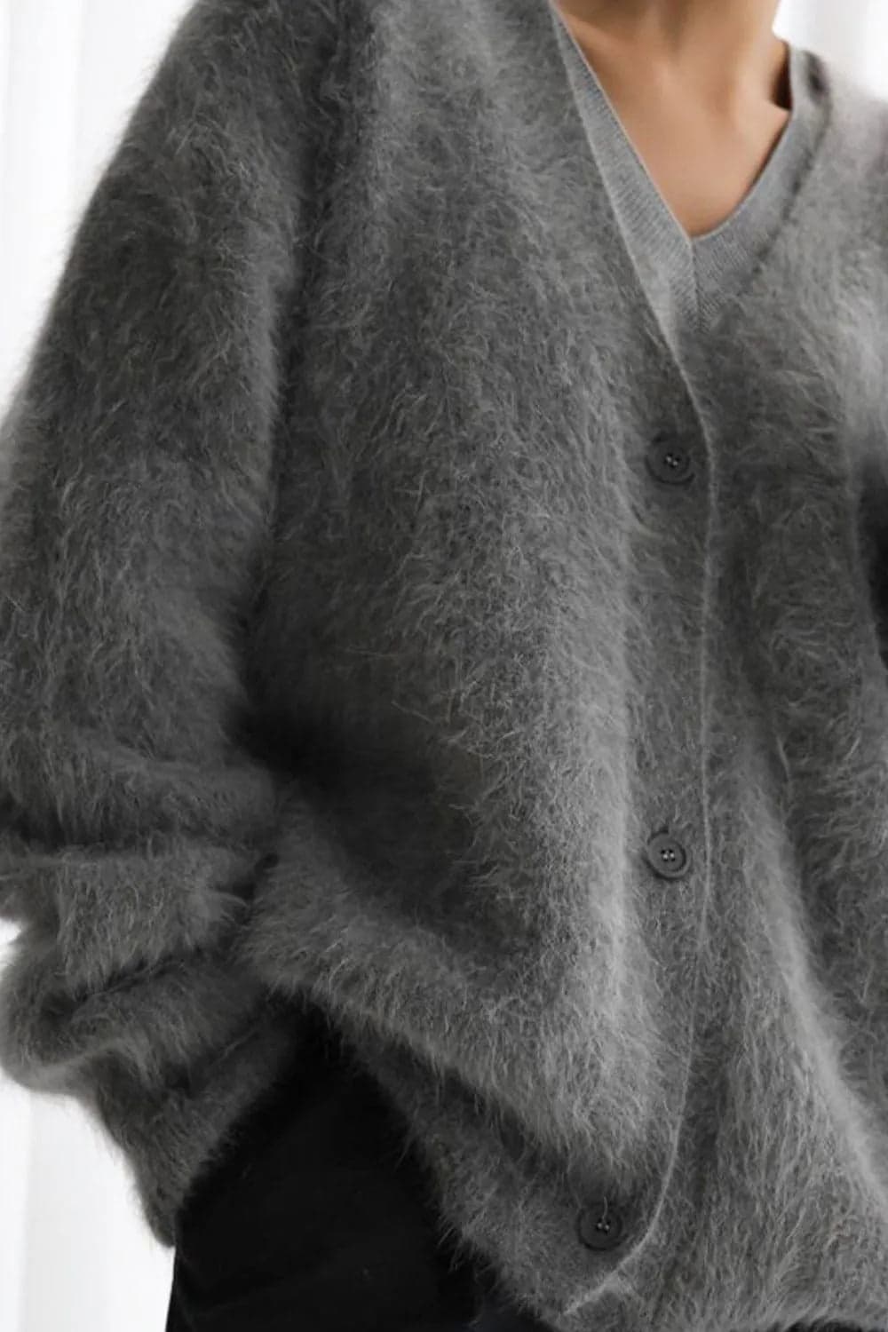 Fuzzy Button Down Long Sleeve Cardigan - White / L - Thumbnail 7