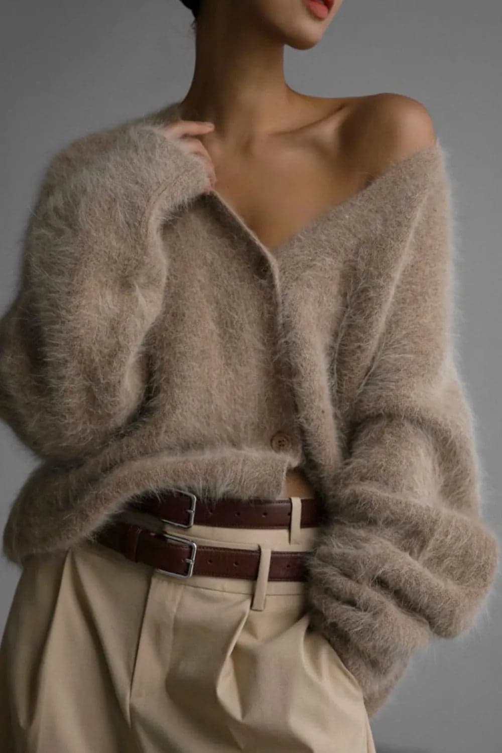 Fuzzy Button Down Long Sleeve Cardigan - Blush Pink / S