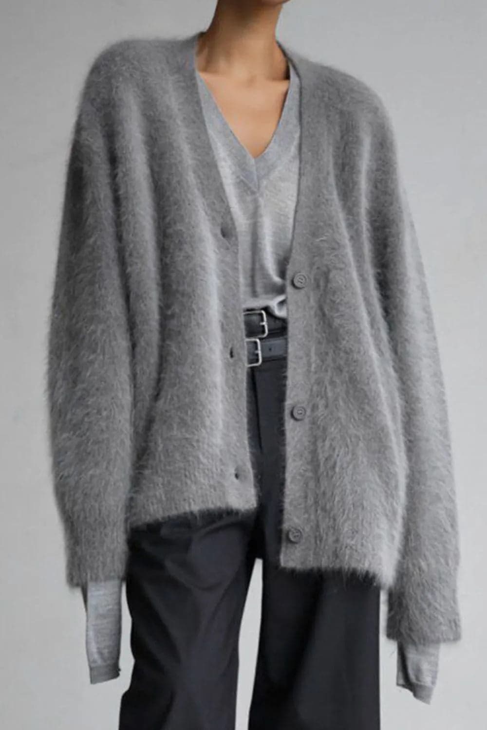 Fuzzy Button Down Long Sleeve Cardigan - Dark Gray / M - Thumbnail 6