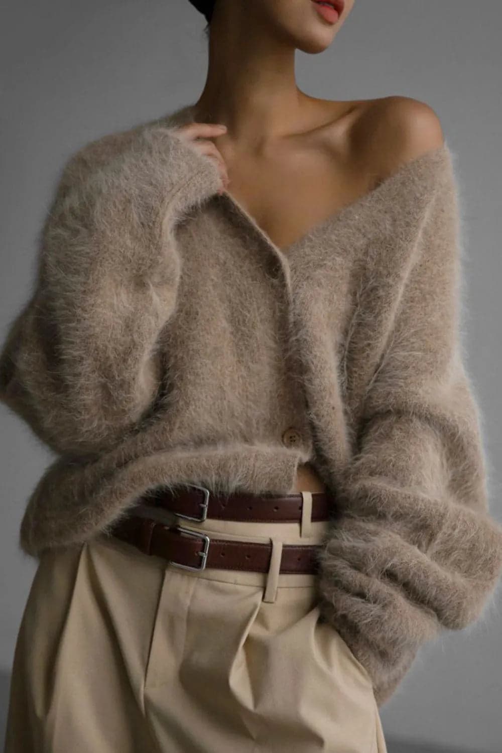 Fuzzy Button Down Long Sleeve Cardigan - Khaki / XL - Thumbnail 4