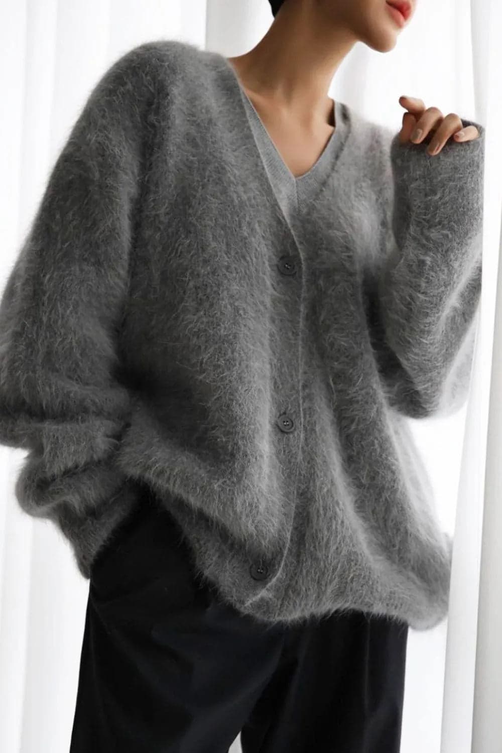 Fuzzy Button Down Long Sleeve Cardigan - White / M - Thumbnail 5