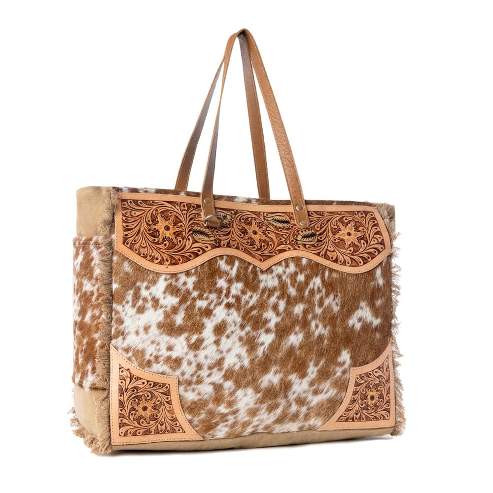 Myra Cartwright Hand-Tooled Bag in Tan & White - Tan & White - Thumbnail 2