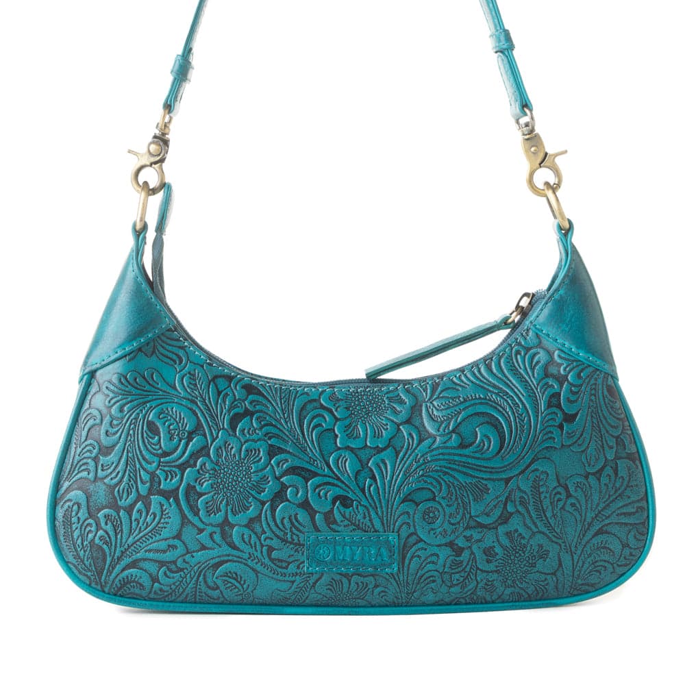 Myra Heritage Vine Embossed Leather Bag for Women in turquoise with shoulder strap - Turquoise - Thumbnail 3