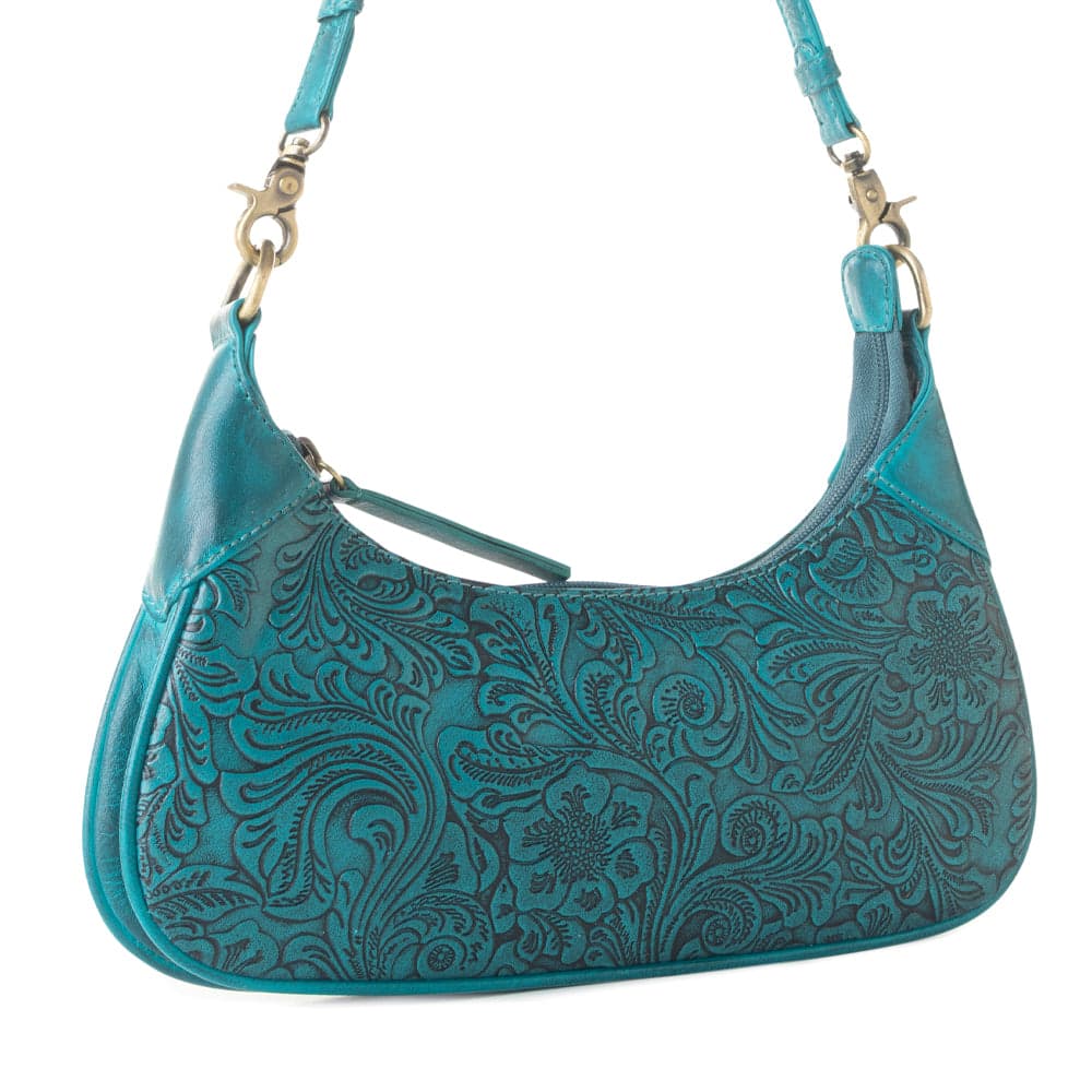 Myra Heritage Vine Embossed Leather Bag for Women in turquoise with shoulder strap - Turquoise - Thumbnail 2