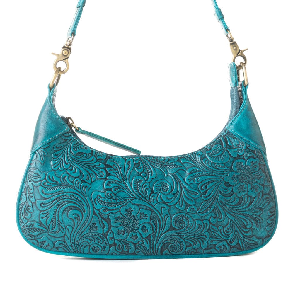 Myra Heritage Vine Embossed Leather Bag for Women in turquoise with shoulder strap - Turquoise