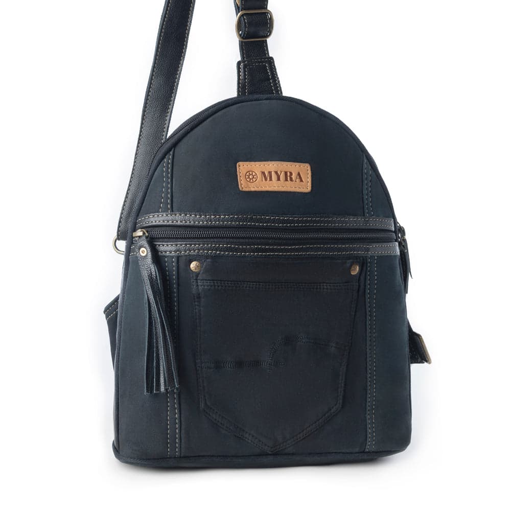 Myra Bandit Denim Fanny Pack Bag for Women in blue with denim and Front Pocket - Dark Blue - Thumbnail 2