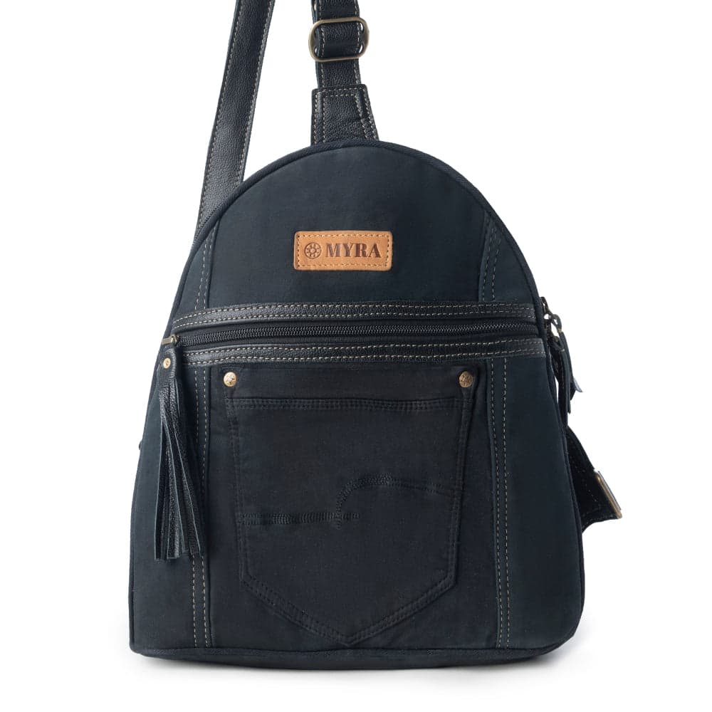 Myra Bandit Denim Fanny Pack Bag for Women in blue with denim and Front Pocket - Dark Blue