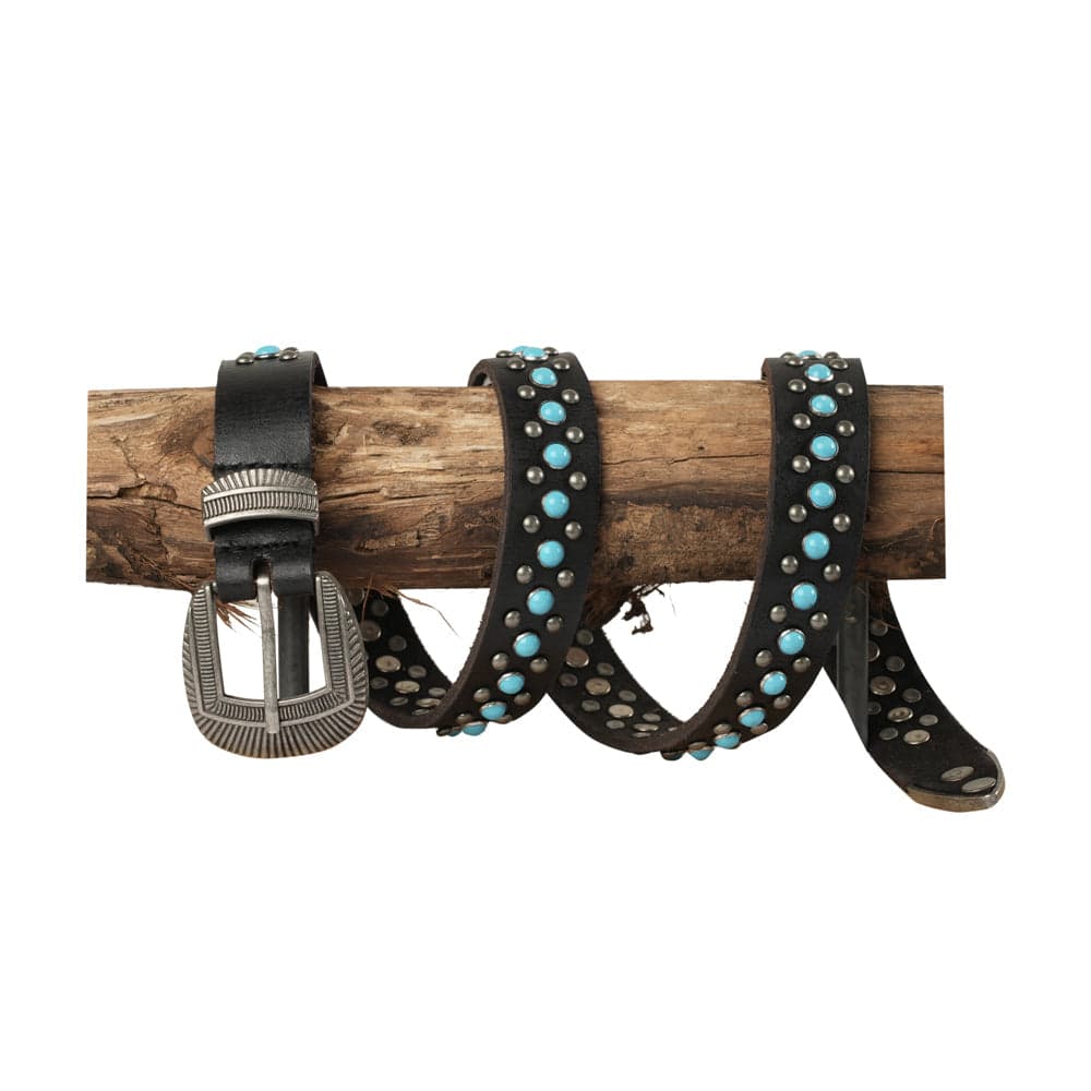 Midnight Ranger Western Leather Belt - Calfskin with Turquoise Stones - Calfskin With Turquoise Stones / S