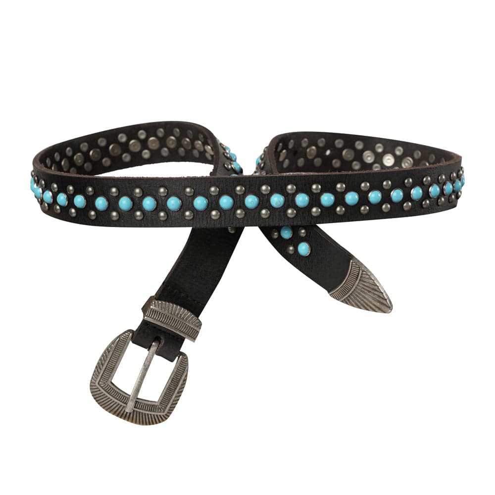 Midnight Ranger Western Leather Belt - Calfskin with Turquoise Stones - Calfskin With Turquoise Stones / M - Thumbnail 2