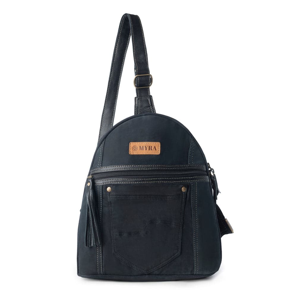 Myra Bandit Denim Fanny Pack Bag for Women in blue with denim and Front Pocket - Dark Blue - Thumbnail 4