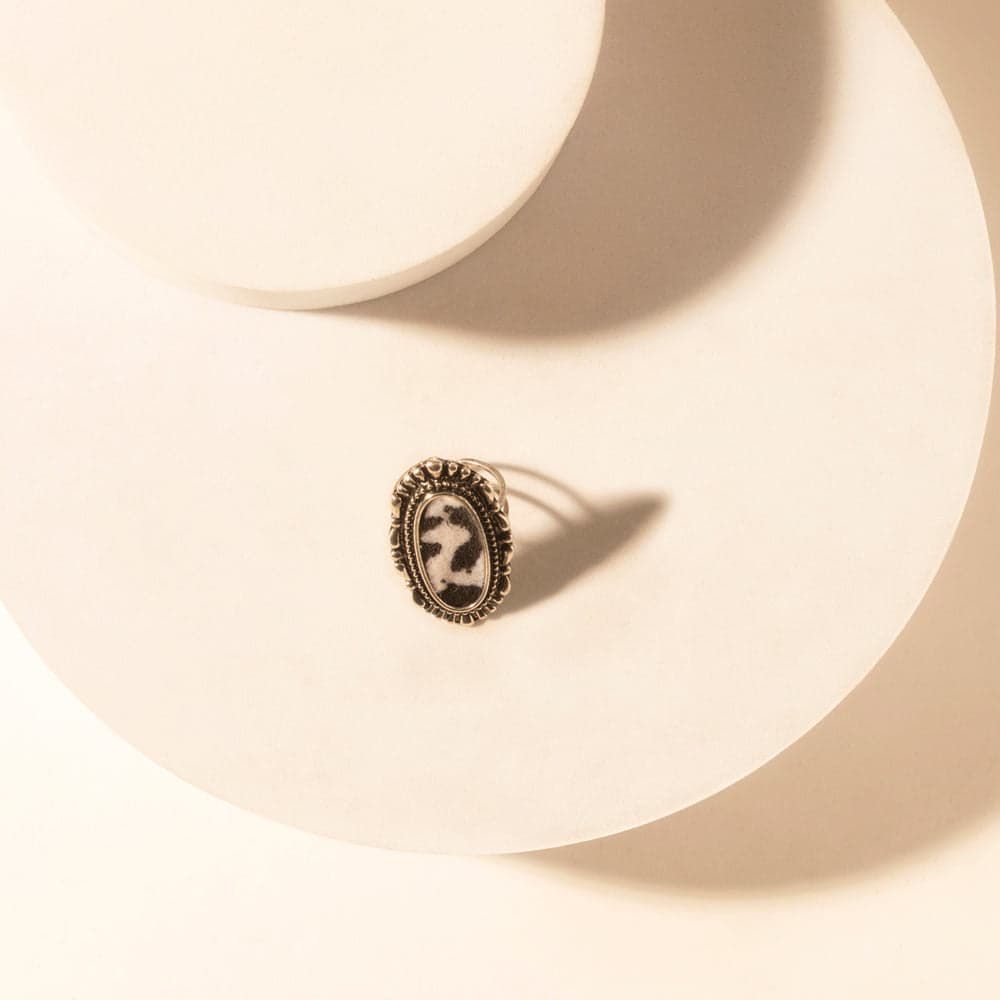Myra Outlaw Hide Statement adjustable Ring for Women with hair-on cowhide detail for premium western wear - Black & White - Thumbnail 2