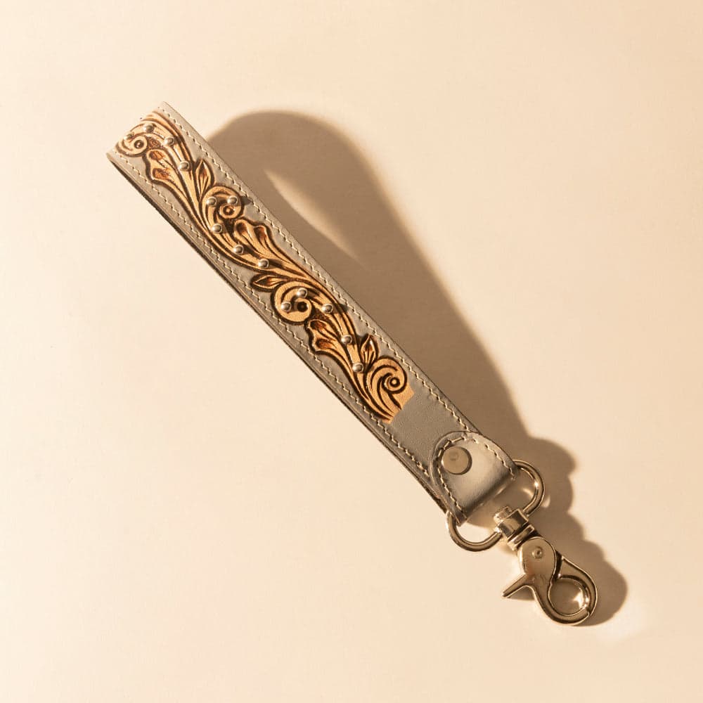 Myra Wildhue Western Key Fob in grey with handtooled detail - Grey - Thumbnail 2