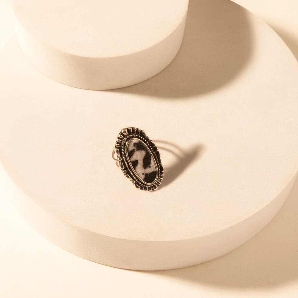 Myra Outlaw Hide Statement adjustable Ring for Women with hair-on cowhide detail for premium western wear - Black & White