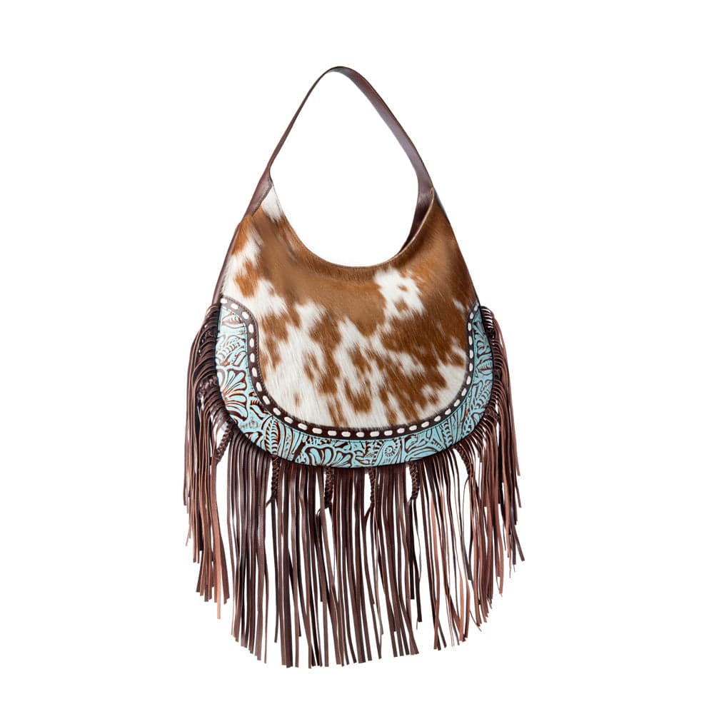Myra Lasso Lane Hairon Leather Bag for Women in tan with fringe and embossed detail - Tan - Thumbnail 2