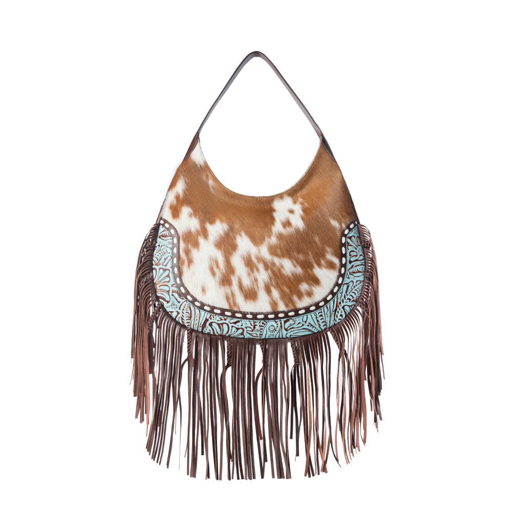 Myra Lasso Lane Hairon Leather Bag for Women in tan with fringe and embossed detail - Tan