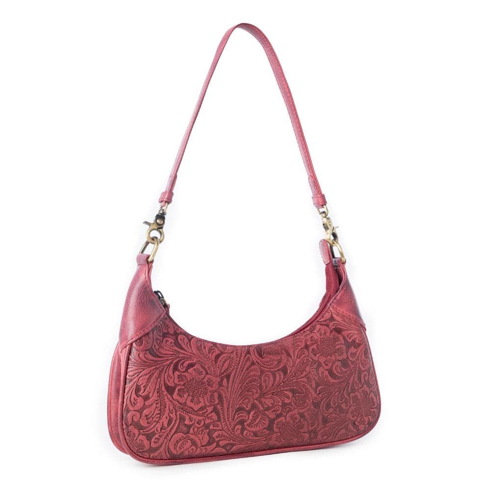 Myra Heritage Vine Embossed Leather Bag for Women in Red with shoulder strap - Red - Thumbnail 2
