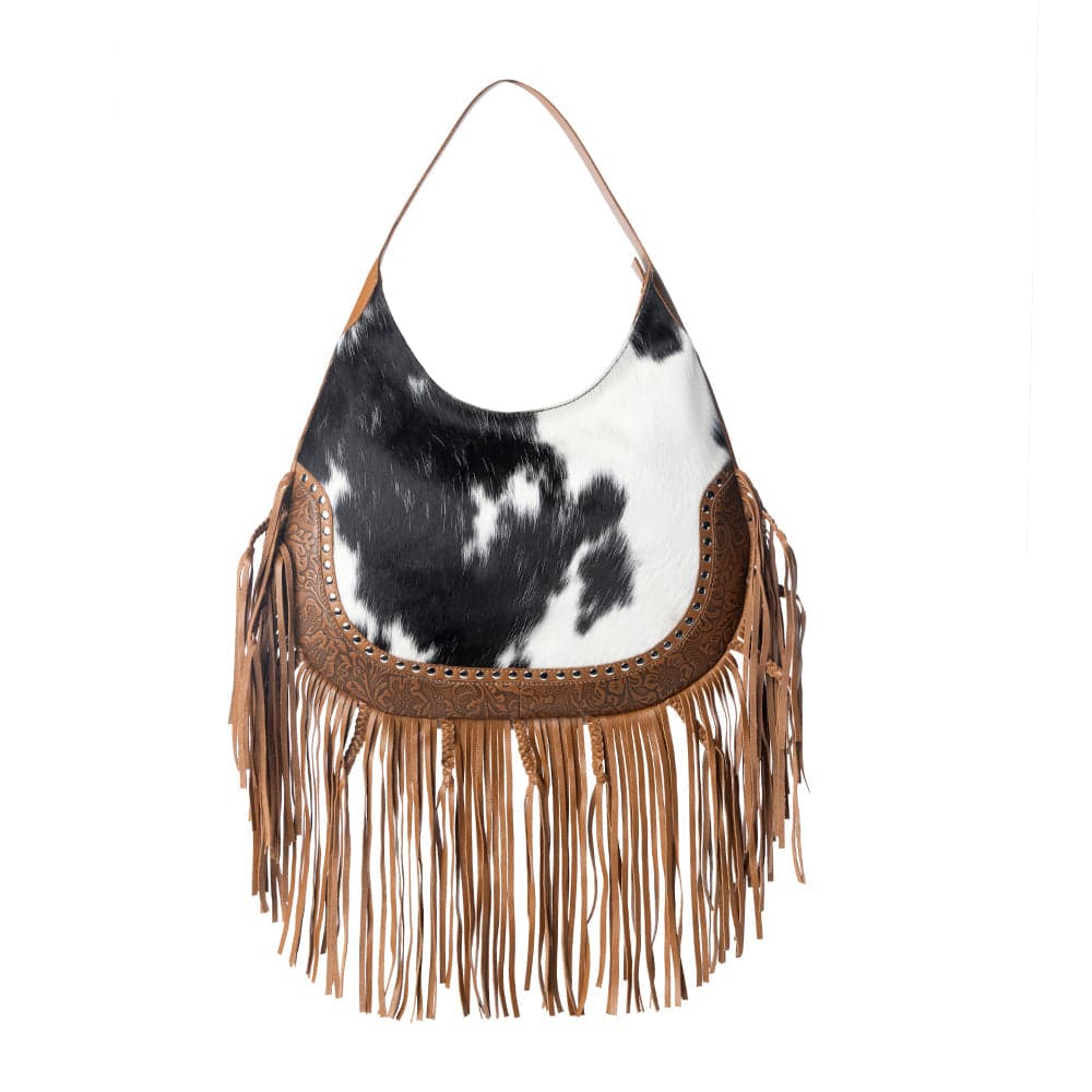 Myra Lasso Lane Hairon Leather Bag for Women in brown with fringe and embossed detail - Brown