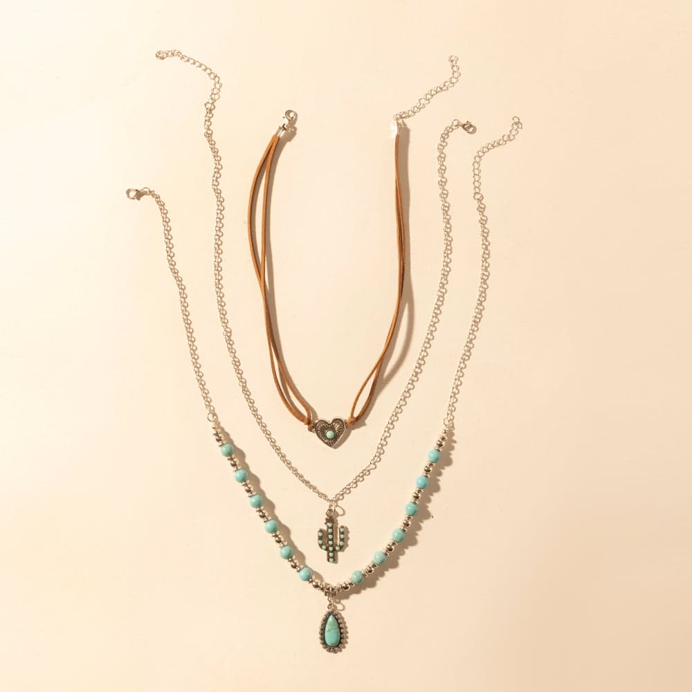 Myra Boho Mesa Layered Necklace for Women with turquoise bead and cactus pendant detail for western wear - Turquoise