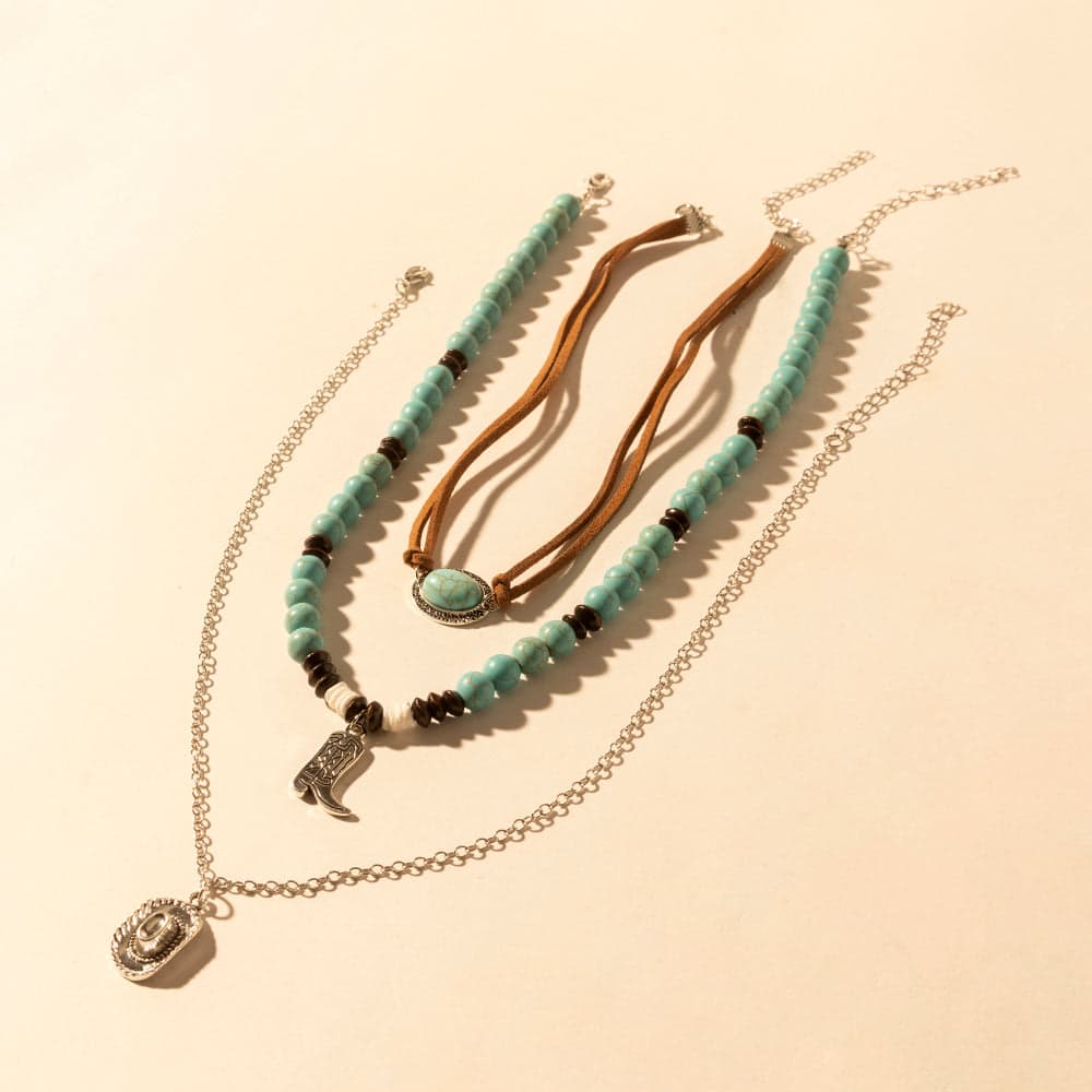 Myra Cody Charm Layered Necklace for Women with turquoise beads and horseshoe detail for western wear - Turquoise - Thumbnail 2