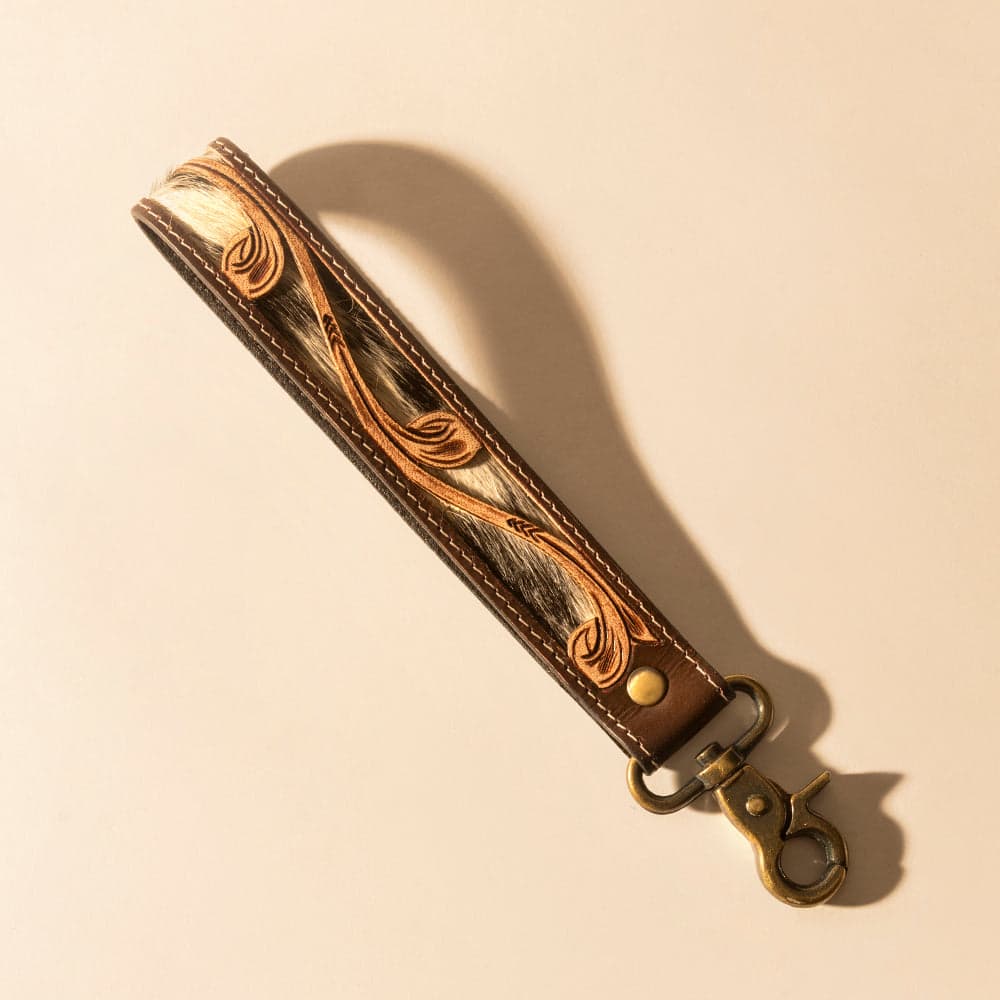 Myra Wildvine Pony Western Handtooled Key Fob in brown with hairon detail - Brown