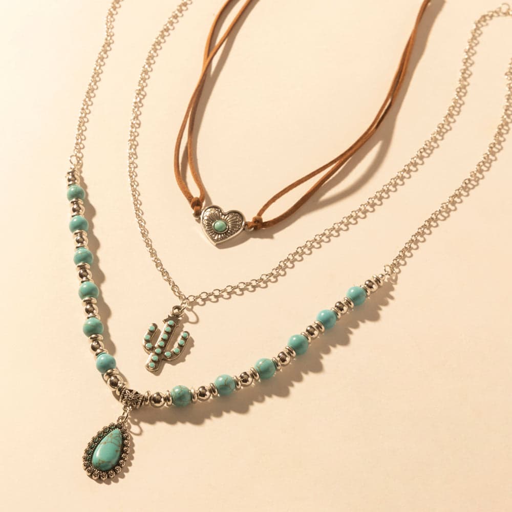 Myra Boho Mesa Layered Necklace for Women with turquoise bead and cactus pendant detail for western wear - Turquoise - Thumbnail 3