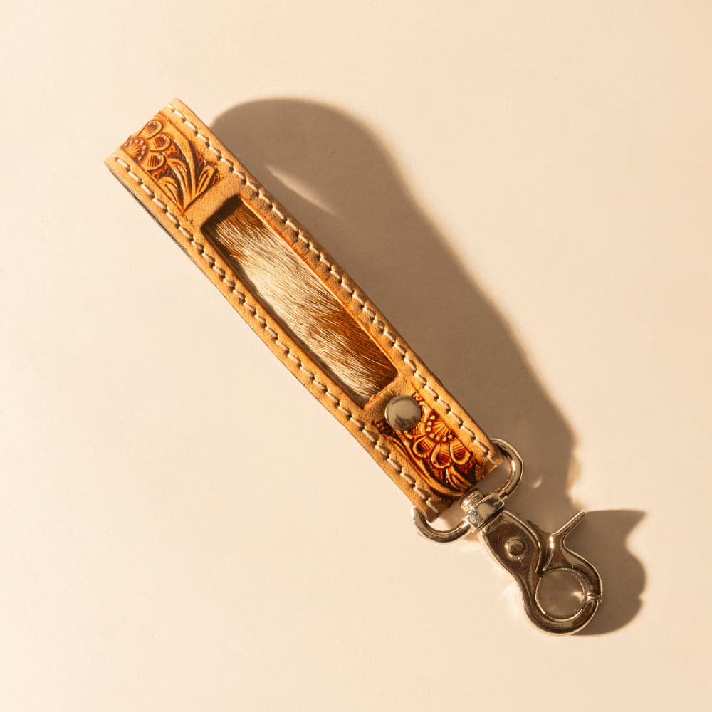 Myra Hide Inlay Western Key Fob in creme with floral detail - Crème