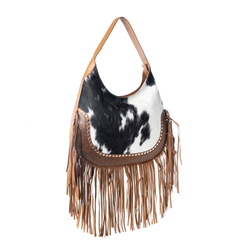 Myra Lasso Lane Hairon Leather Bag for Women in brown with fringe and embossed detail - Brown - Thumbnail 2