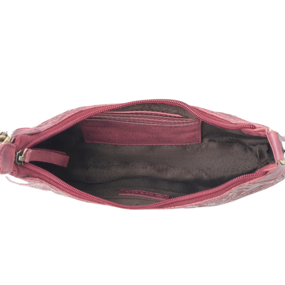 Myra Heritage Vine Embossed Leather Bag for Women in Red with shoulder strap - Red - Thumbnail 4