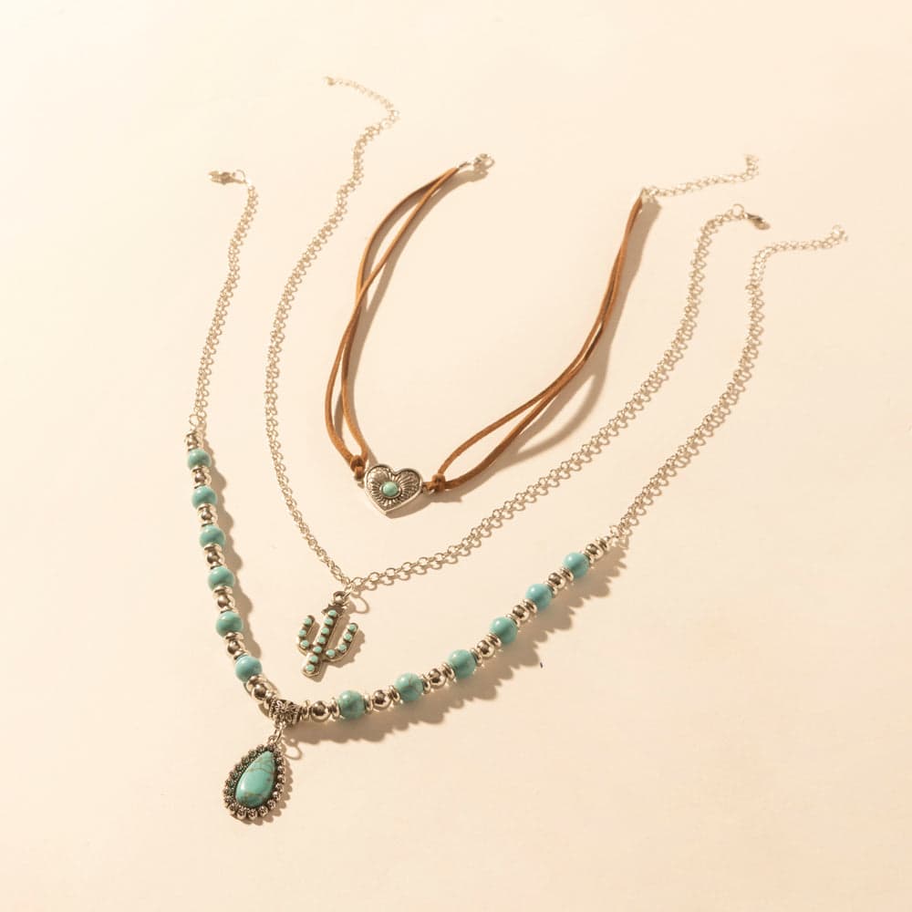 Myra Boho Mesa Layered Necklace for Women with turquoise bead and cactus pendant detail for western wear - Turquoise - Thumbnail 2