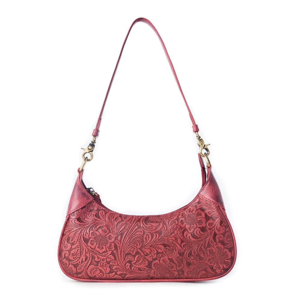Myra Heritage Vine Embossed Leather Bag for Women in Red with shoulder strap - Red