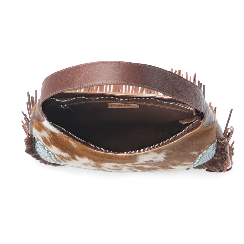 Myra Lasso Lane Hairon Leather Bag for Women in tan with fringe and embossed detail - Tan - Thumbnail 4