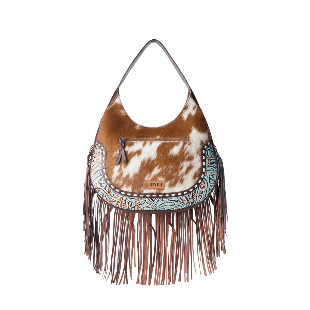 Myra Lasso Lane Hairon Leather Bag for Women in tan with fringe and embossed detail - Tan - Thumbnail 3