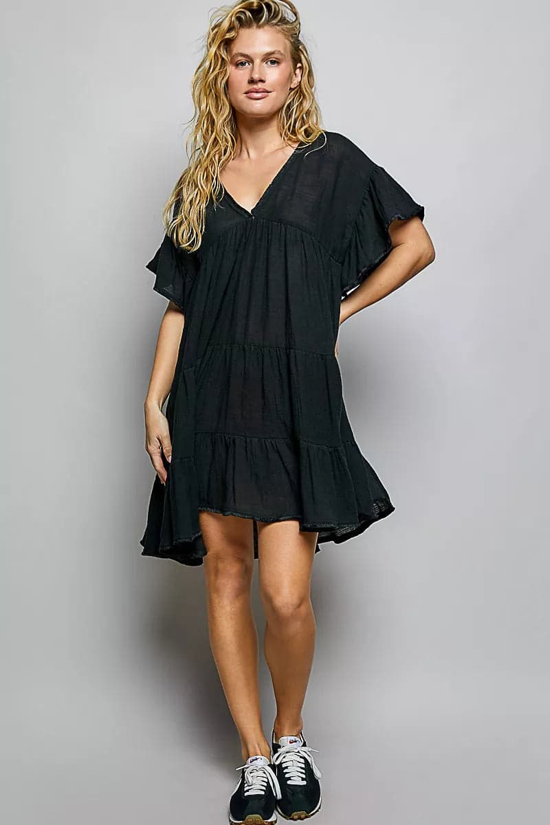 POL Ruffle Shirred V-Neck Short Sleeve Cotton Dress - Black / S - Thumbnail 5