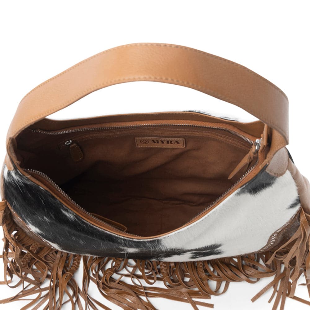 Myra Lasso Lane Hairon Leather Bag for Women in brown with fringe and embossed detail - Brown - Thumbnail 4
