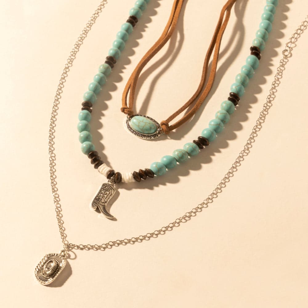 Myra Cody Charm Layered Necklace for Women with turquoise beads and horseshoe detail for western wear - Turquoise - Thumbnail 3