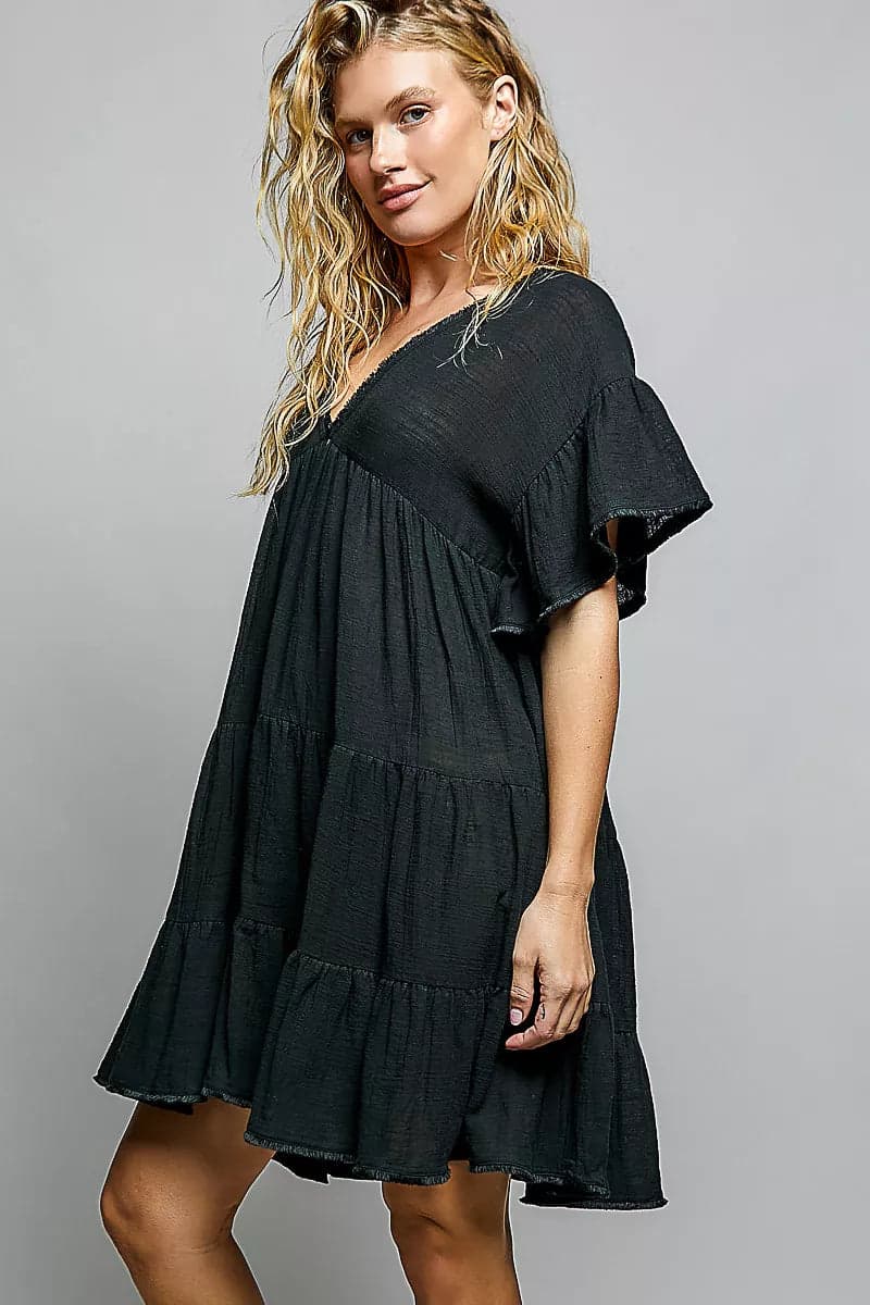 POL Ruffle Shirred V-Neck Short Sleeve Cotton Dress - Black / S - Thumbnail 2
