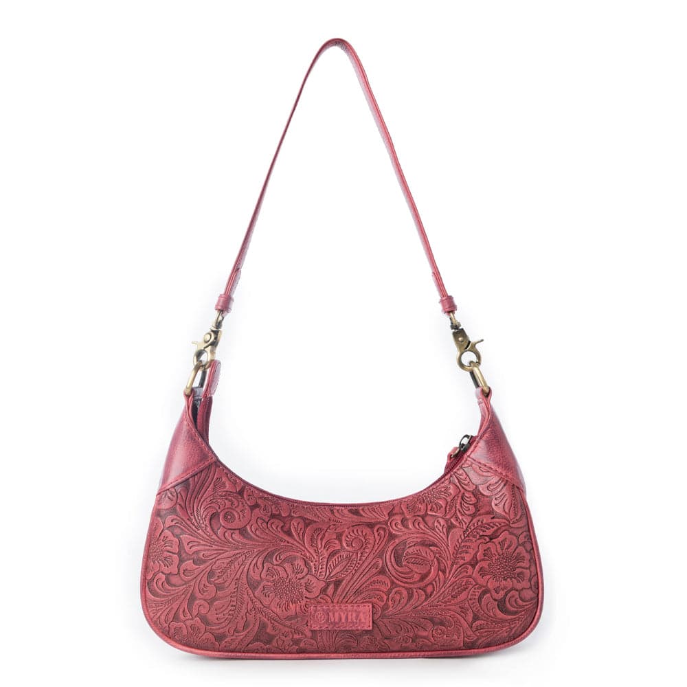 Myra Heritage Vine Embossed Leather Bag for Women in Red with shoulder strap - Red - Thumbnail 3