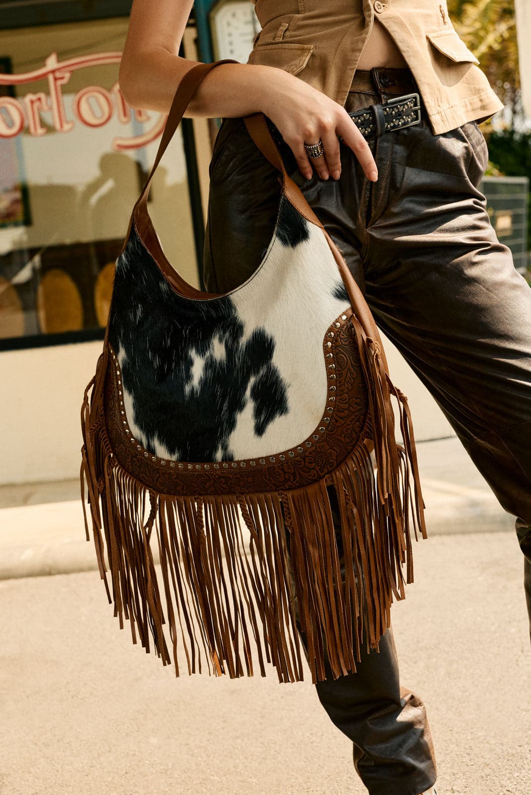 Myra Lasso Lane Hairon Leather Bag for Women in brown with fringe and embossed detail - Brown - Thumbnail 6