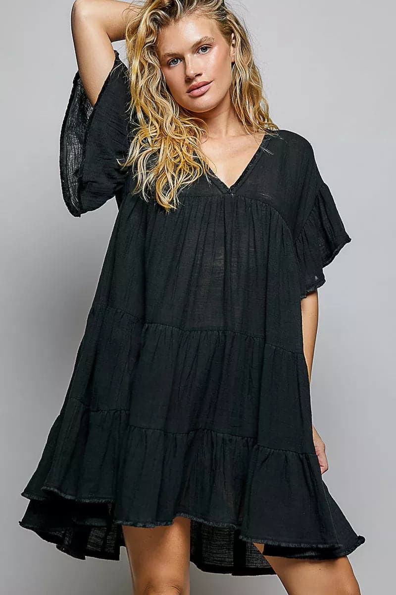POL Ruffle Shirred V-Neck Short Sleeve Cotton Dress - Black / M