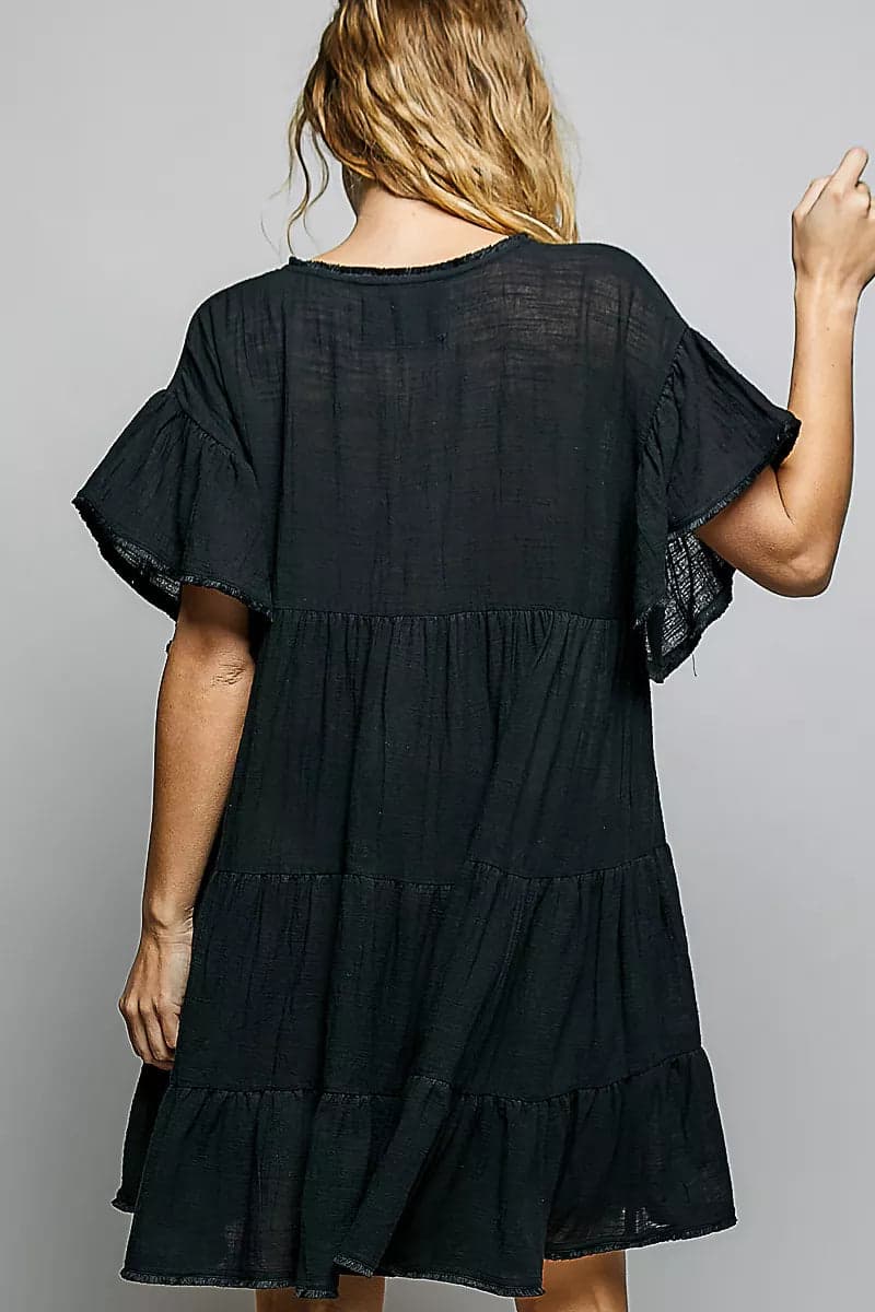 POL Ruffle Shirred V-Neck Short Sleeve Cotton Dress - Black / M - Thumbnail 3