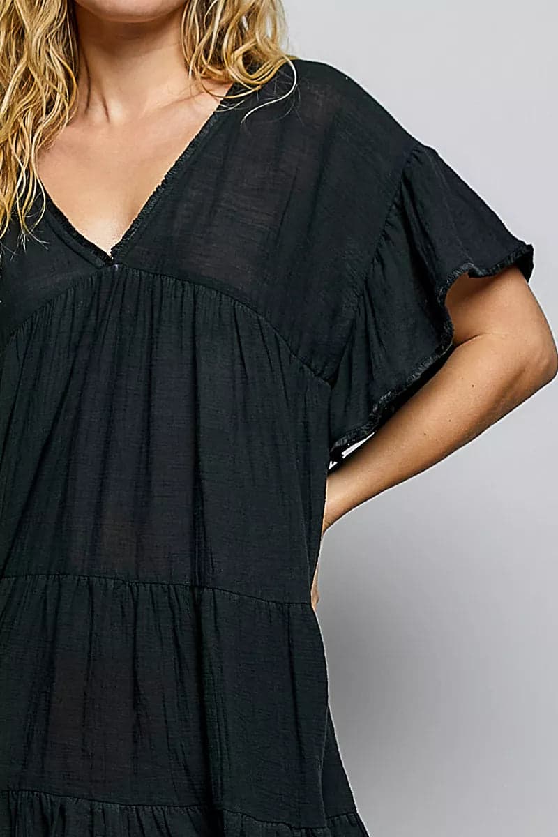 POL Ruffle Shirred V-Neck Short Sleeve Cotton Dress - Black / M - Thumbnail 6