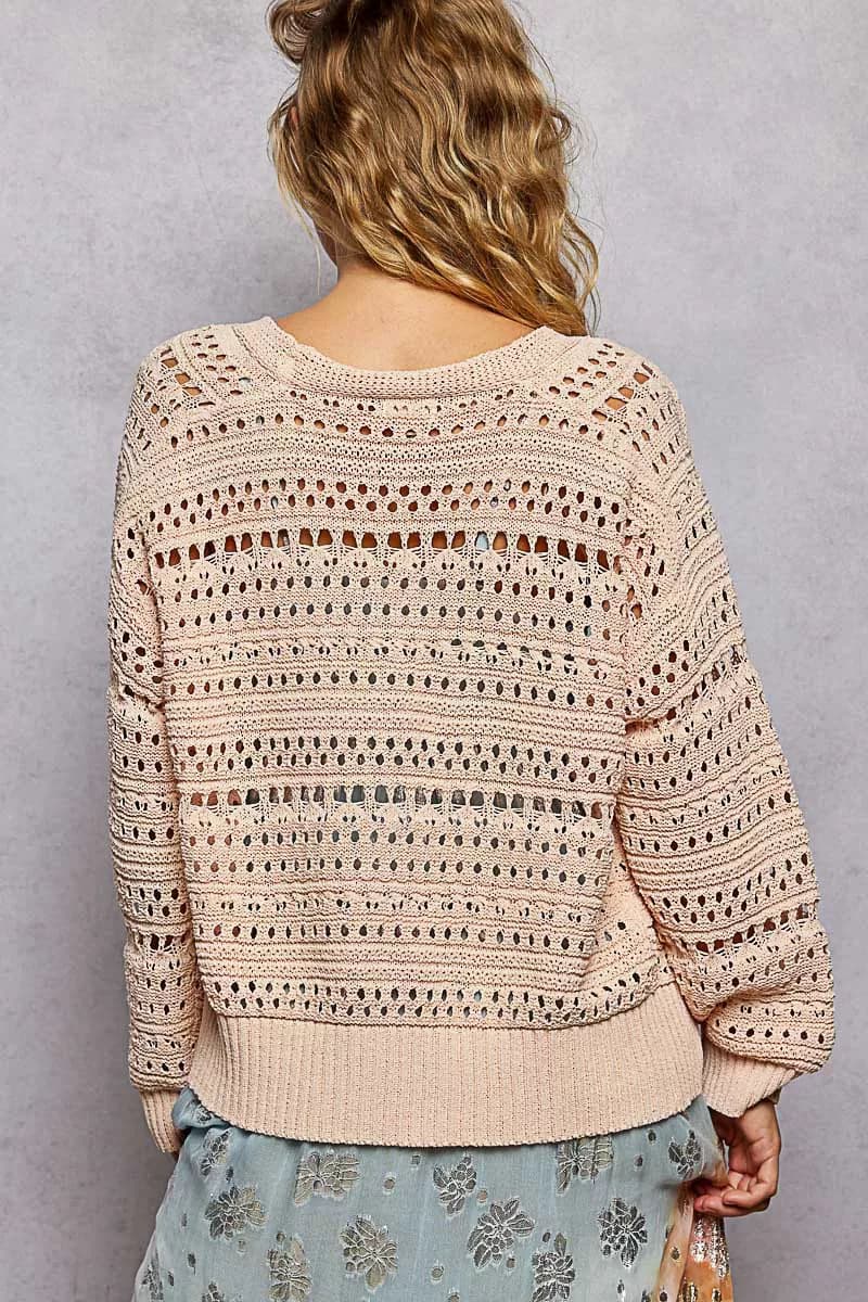 POL Open-Knit Floral Button Cardigan - SALMON PINK / L - Thumbnail 4