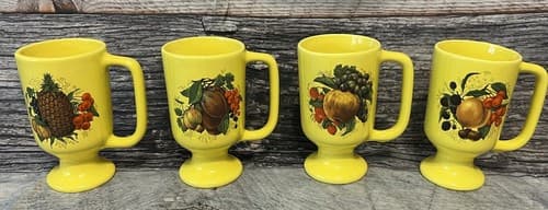 Set of 4~Vintage USA Yellow Cup Hyalyn Mixed Fruit Design Decal 923