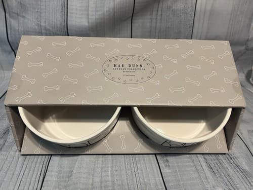 Rae Dunn Magenta Farmhouse Large 6" White WOOF BARK Pet Dog Bowls 2pcs Set Lot - Thumbnail 2