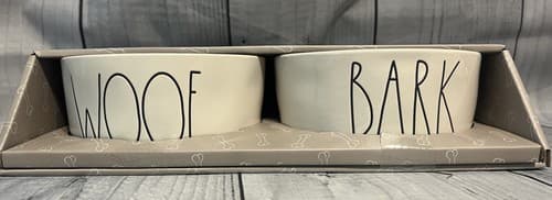 Rae Dunn Magenta Farmhouse Large 6" White WOOF BARK Pet Dog Bowls 2pcs Set Lot