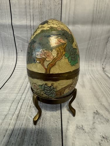 Vtg Brass Enameled Brass Cloisonne Egg Trinket Box with BrassStand Made in India