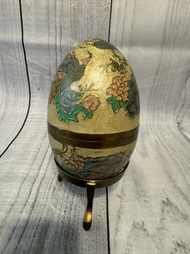 Vtg Brass Enameled Brass Cloisonne Egg Trinket Box with BrassStand Made in India - Thumbnail 2