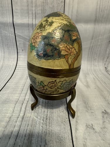Vtg Brass Enameled Brass Cloisonne Egg Trinket Box with BrassStand Made in India - Thumbnail 3