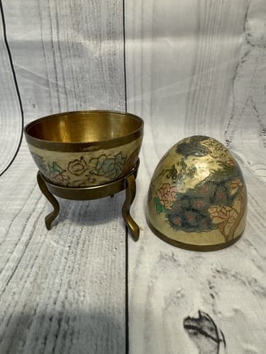 Vtg Brass Enameled Brass Cloisonne Egg Trinket Box with BrassStand Made in India - Thumbnail 4