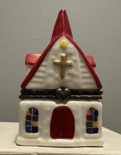 Porcelain Hinged Surprise Trinket Box Church W/ Bible
